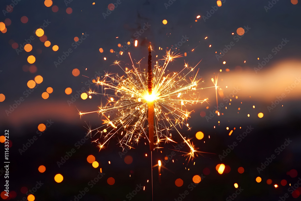 Poster close-up of a sparkling sparkler glimmering at dusk. generative ai.