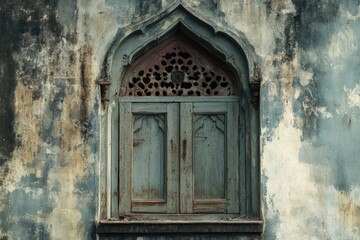 Fototapeta premium An antique wooden window with an ornate design set against a weathered, peeling plaster wall, showcasing historical architecture and natural aging effects.