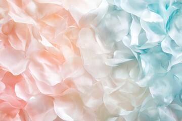 Fototapeta premium An abstract arrangement of silk petals creates a soft, pastel-colored gradient background, blending shades of peach, cream, and blue in a delicate, soothing composition.