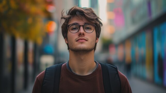 Young man with glasses and backpack outdoors.