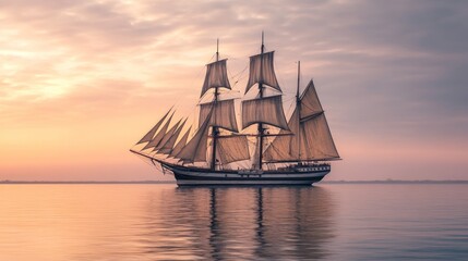 Obraz premium Tall ship sails sunset calm sea.