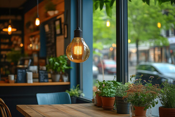 A cozy café interior with a large window, potted plants on the windowsill, and a prominent hanging light bulb. 