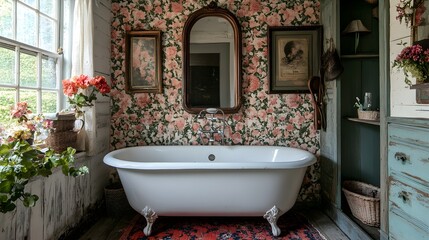 rustic english country bathroom with classic tub, floral walls, vintage mirror charming interior design concept


