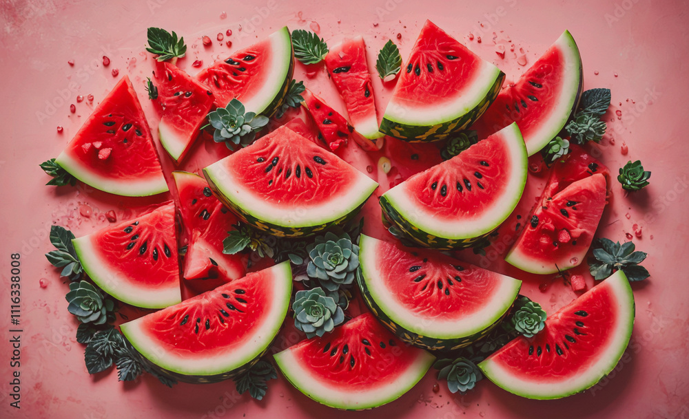 Poster bunch of watermelon slices are on a pink background. there are many slices of watermelon, some of wh