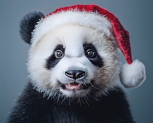 A joyful panda wearing a Santa hat celebrates the holiday season. Generative AI.