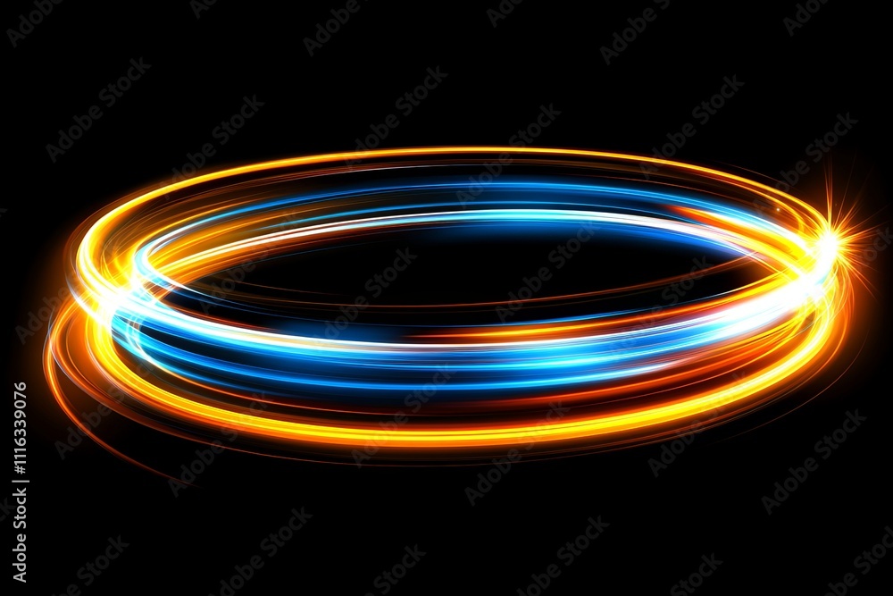 Poster vibrant circle of light with blue and orange trails creating a dynamic visual effect on a black back