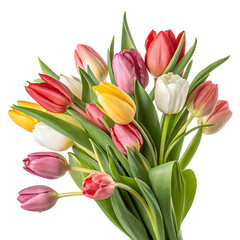 Obraz premium Bouquet of fresh multicolor tulips head isolated white background.AI GENERATED
