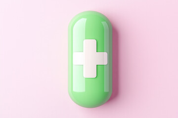 Fototapeta premium green capsule with white cross symbol on pink background, representing health