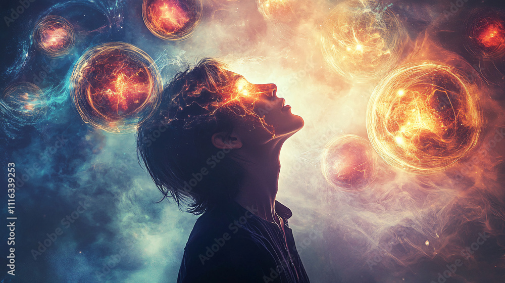 Poster a person with glowing orbs representing their ancestors hovering behind them, each orb reflecting di