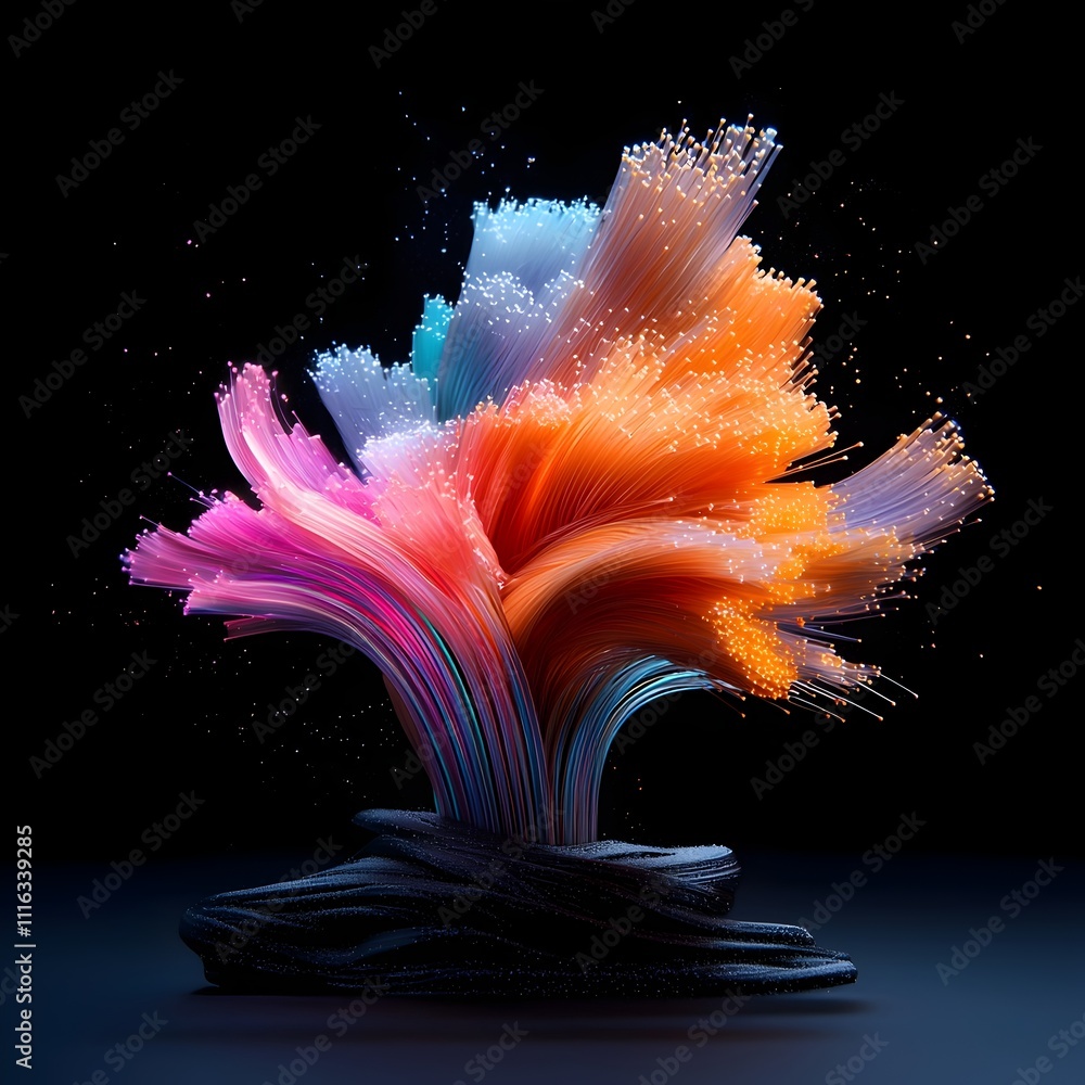 Poster intricate glowing fiber optic cables in a hypnotic abstract arrangement on a pitch black background 