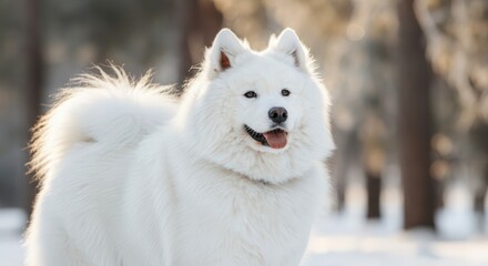 Fluffy samoyed dog in snowy forest landscape for winter theme design