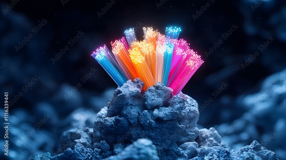 Poster captivating multicolored fiber optic cables intertwined in a striking ethereal display glowing with 