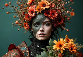 A woman wears dark paint and an autumnal flower crown.