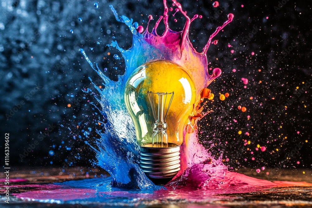 Poster vibrant colorful explosion with light bulb surrounded by splashes of paint in dynamic abstract art c