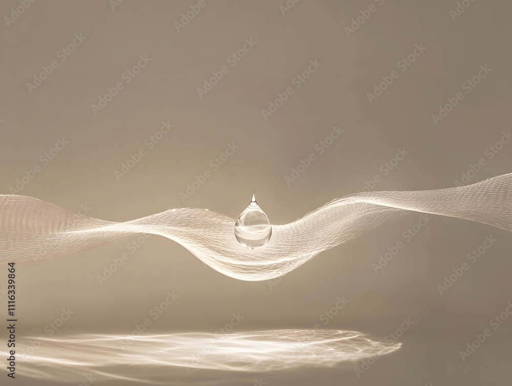 Poster elegant water droplet suspended above soft, flowing waves of fabric, illuminated by gentle light, cr