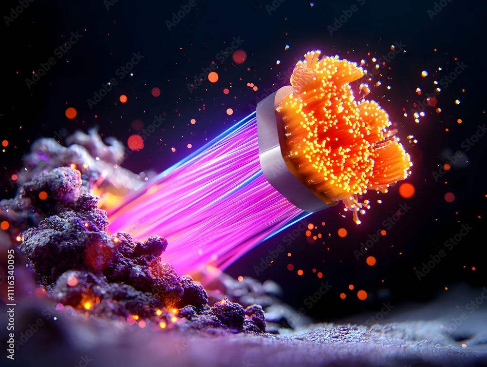 Poster mesmerizing luminescent fiber optic cables tangled in a visually striking kaleidoscopic composition 