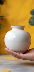Hand Holding White Vase Indoor Setting Still Life Photography Bright Yellow and Gray Background Close-Up View Artistic Composition