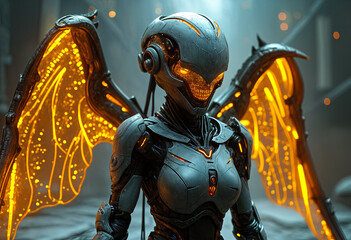 A robotic female figure possesses glowing wings and a helmet.