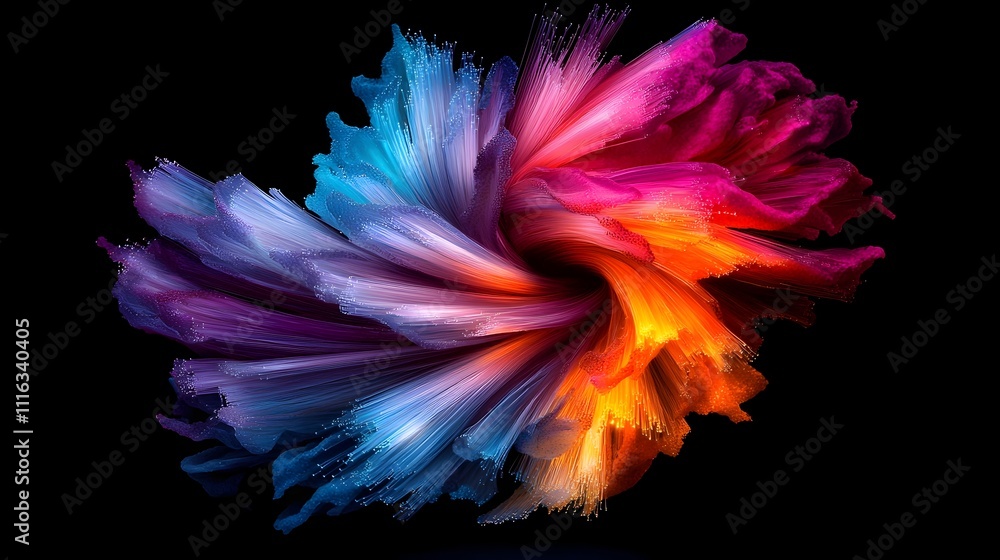 Poster mesmerizing prismatic fiber optic cables casting a hypnotic ethereal glow on a jet black background 