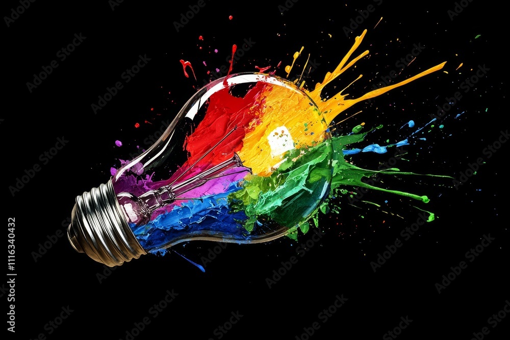 Poster vibrant explosion of colors from a light bulb with paint splashes against a black background for cre