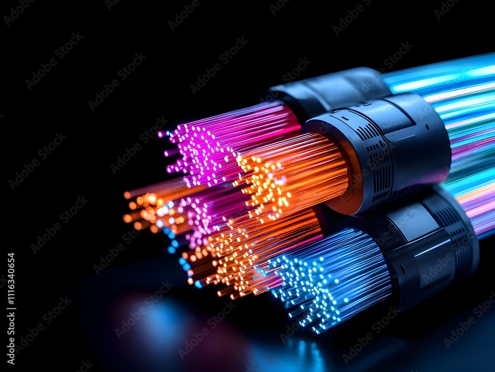 Aufkleber magnified view of luminous rainbow hued fiber optic cables pulsing with an otherworldly glow against