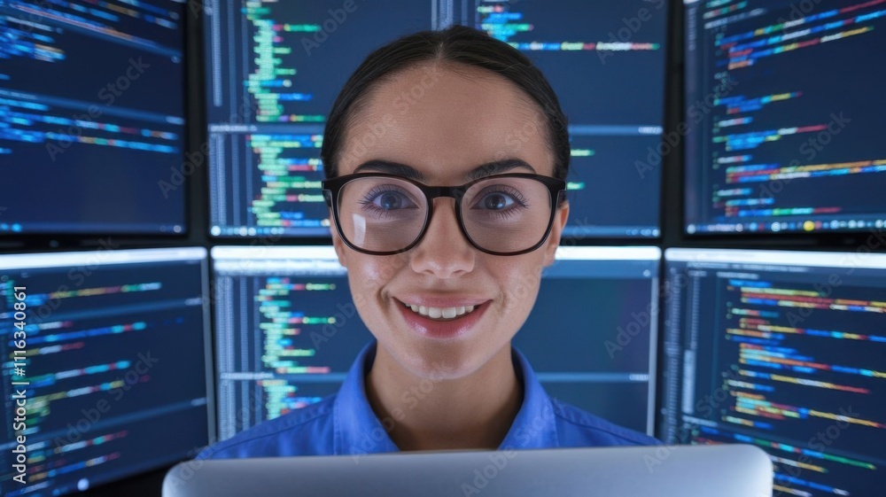 Poster a smiling woman with glasses working on a laptop in front of multiple screens displaying code.