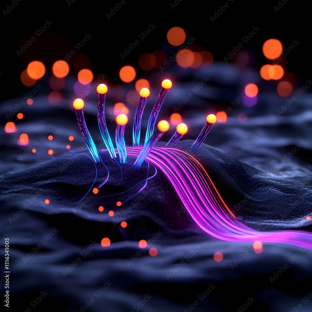 Poster captivating fiber optic cables forming a mesmerizing array of bioluminescent neural networks pulsing