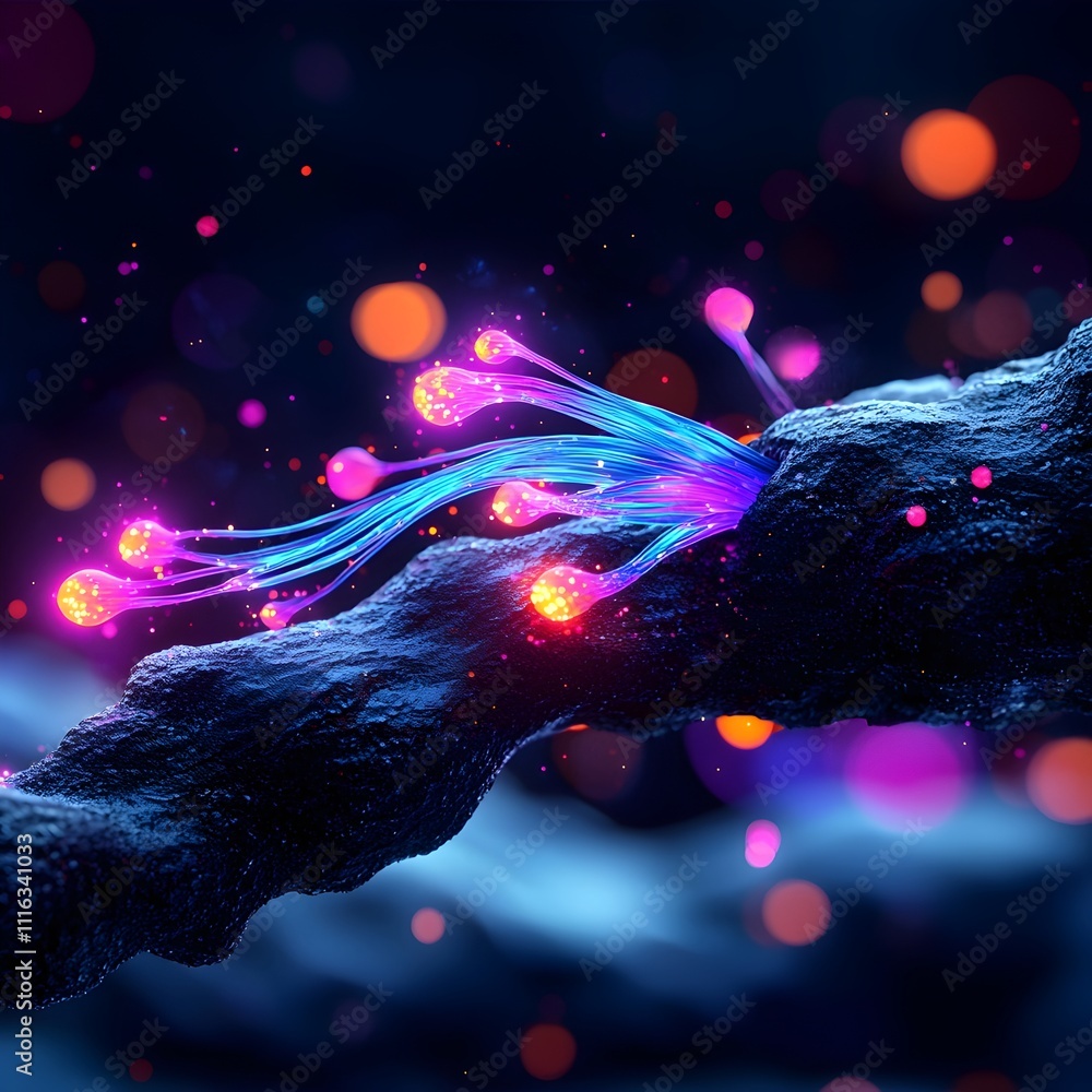 Poster ethereal fiber optic cables in a mesmerizing array of hues against a shadowy surface bioluminescent 