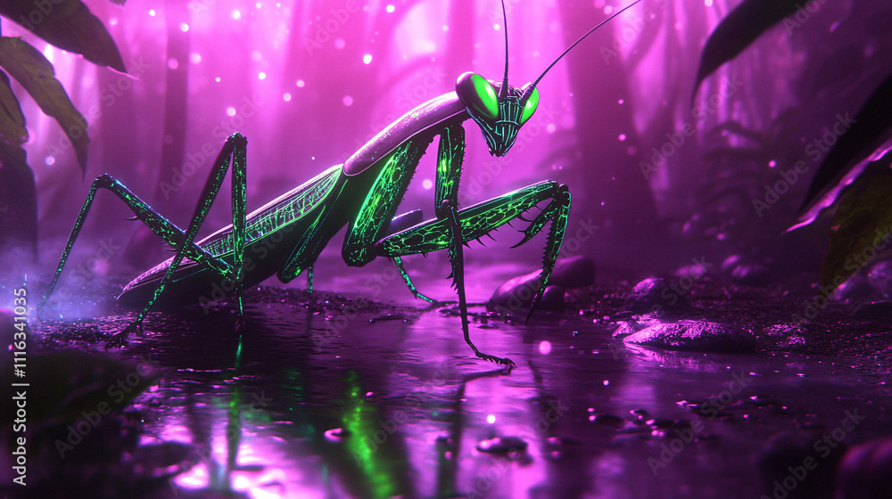 Poster a praying mantis with bioluminescent fractal patterns in bright violet and neon green, creeping thro