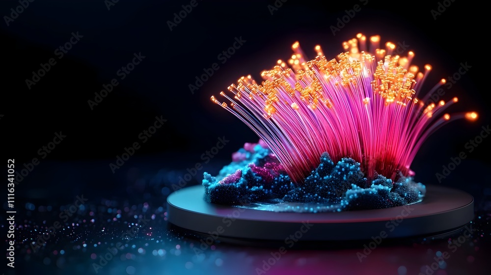 Poster dramatic glowing fiber optic cables in a captivating display on a pitch black background shimmering 