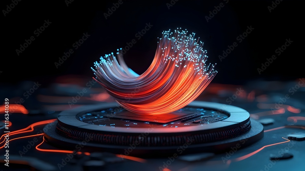Poster dramatic glowing fiber optic cables pulsating and shimmering with ethereal illumination creating a c