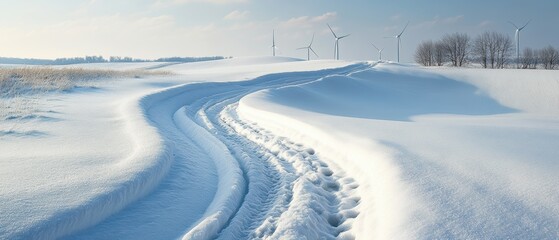 Fototapeta premium Wind Turbine Blades Casting Abstract Shadows on Snow Winter Landscape Nature Photography Serene Environment Aerial Perspective Abstract Art