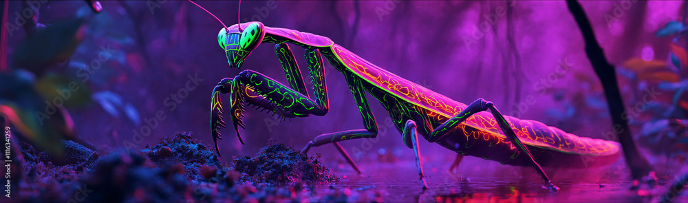 Poster a praying mantis with bioluminescent fractal patterns in bright violet and neon green, creeping thro
