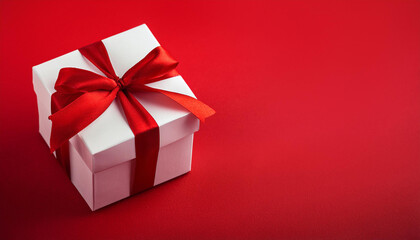 Obraz premium White gift box with red ribbon on bright red