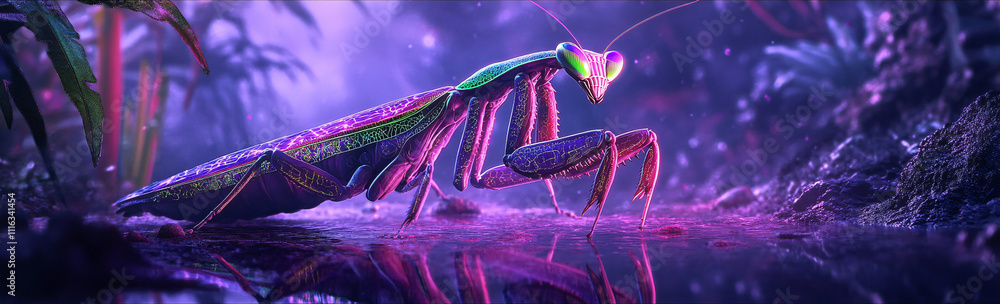Poster a praying mantis with bioluminescent fractal patterns in bright violet and neon green, creeping thro
