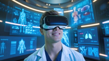 Fototapeta premium A person wearing a VR headset in a lab, surrounded by digital medical visuals.