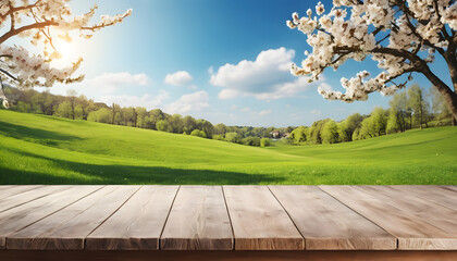 Wooden tabletop spring landscape