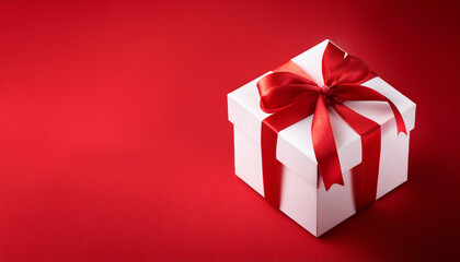 Fototapeta premium White gift box with red ribbon on bright red