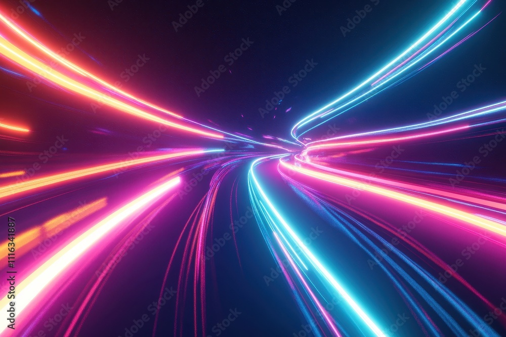 Poster a futuristic scene with neon light streaks creating a sense of speed and motion