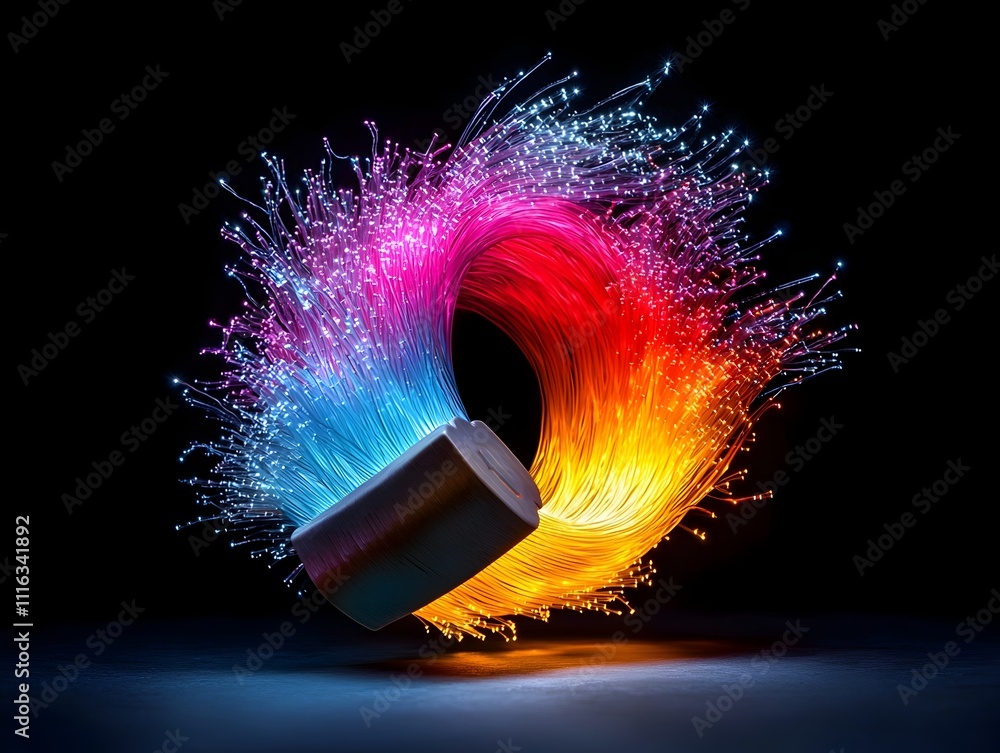 Poster mesmerizing prismatic fiber optic cables emanating a captivating otherworldly glow on a pitch black 