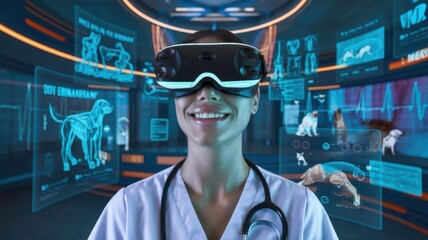 A smiling woman in a lab coat uses virtual reality technology in a veterinary setting.