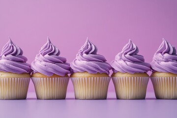 Delicious vanilla cupcakes with purple frosting, presented in a row.