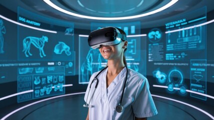 A person in a virtual reality headset engaged in veterinary education.