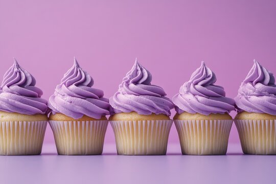 Delicious vanilla cupcakes with purple frosting, presented in a row.