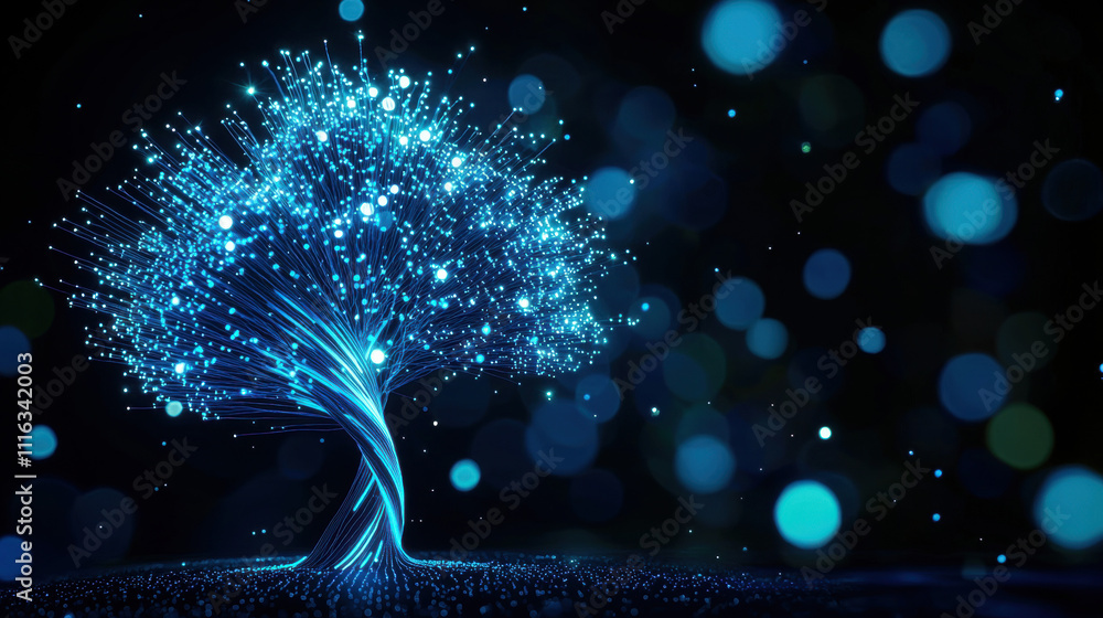 Poster a glowing blue tree with sparkling branches set against a dark background, creating a serene and mys