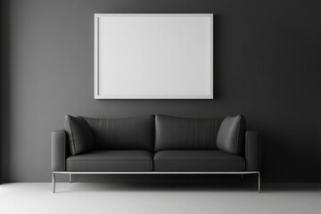 Modern Minimalist Interior Design Mockup: Black Leather Sofa and Blank Canvas