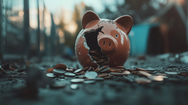 Broken piggy bank with coins scattered around, symbolizing financial struggle and the need for careful budgeting and saving.