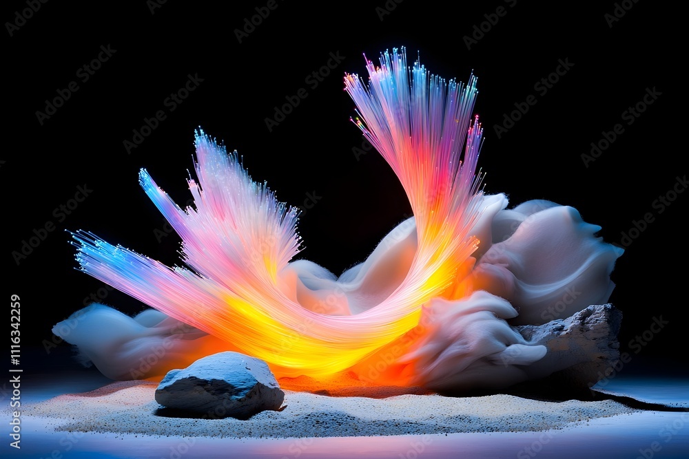 Poster mesmerizing iridescent fiber optic cables intertwined in a hypnotizing arrangement pulsating with an
