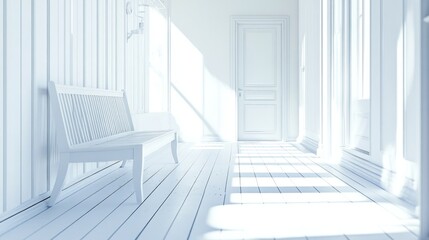Fototapeta premium Interior of minimalistic room with wooden floor and bench. Natural sunlight streaming in through windows.