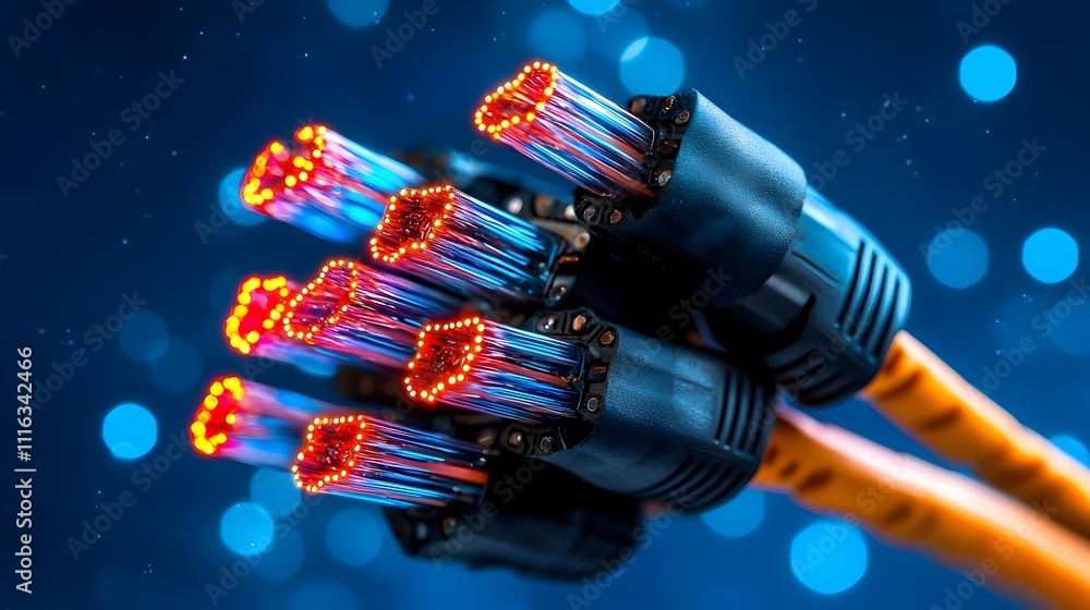 Poster mesmerizing close up of shimmering iridescent fiber optic cables intertwined in a futuristic neural 